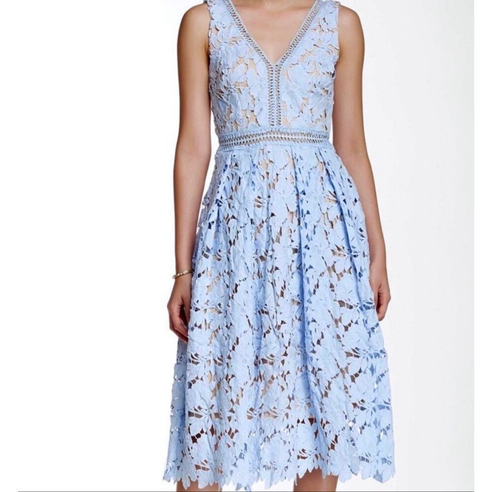 Ever After Women’s Blue Lace Sleeveless MIDI Dress Sz Small